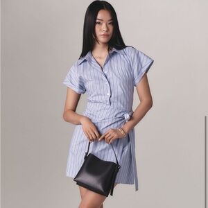 Maeve Light Blue Striped Button-Front Wrap Mini Shirt Dress